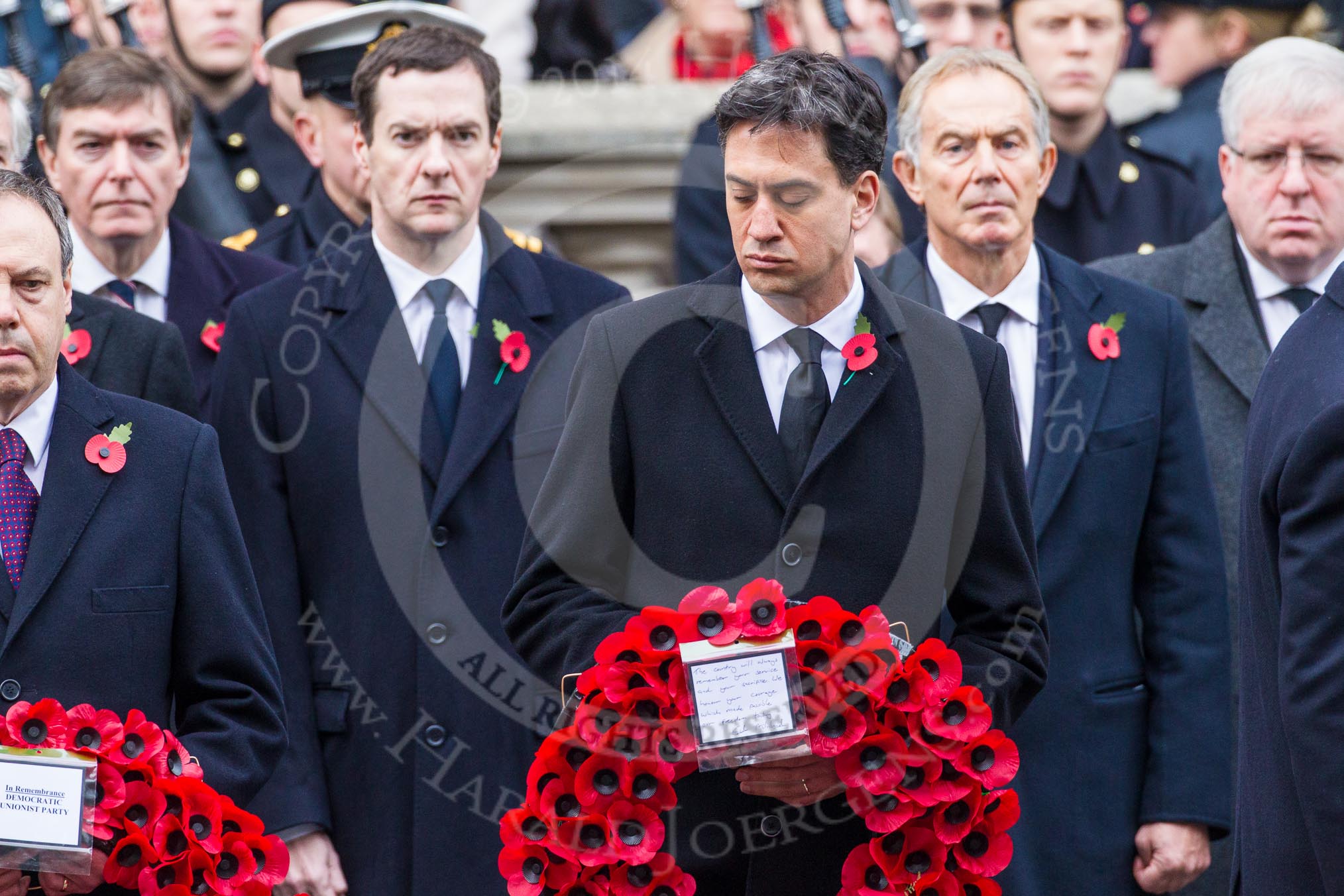 Remembrance Sunday at the Cenotaph in London 2014: Ed Miliband, the Leader of the Opposition, walking towards the Cenotaph with his wreath.
Press stand opposite the Foreign Office building, Whitehall, London SW1,
London,
Greater London,
United Kingdom,
on 09 November 2014 at 11:07, image #225