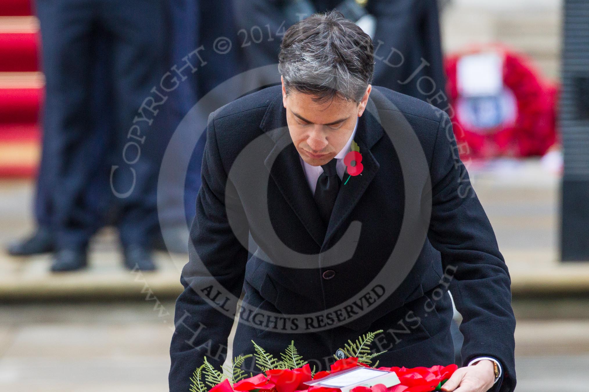 Remembrance Sunday at the Cenotaph in London 2014: Ed Miliband, the Leader of the Opposition, laying his wreath at the Cenotaph.
Press stand opposite the Foreign Office building, Whitehall, London SW1,
London,
Greater London,
United Kingdom,
on 09 November 2014 at 11:08, image #227