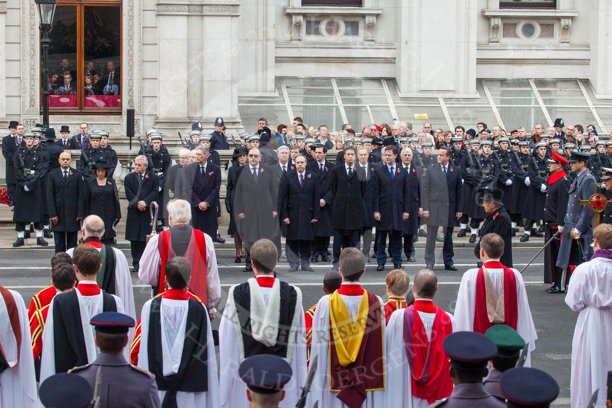 Remembrance Sunday at the Cenotaph in London 2014: The politicians at the Cenotaph whilst the High Commissioners are laying their wreaths.
Press stand opposite the Foreign Office building, Whitehall, London SW1,
London,
Greater London,
United Kingdom,
on 09 November 2014 at 11:10, image #238