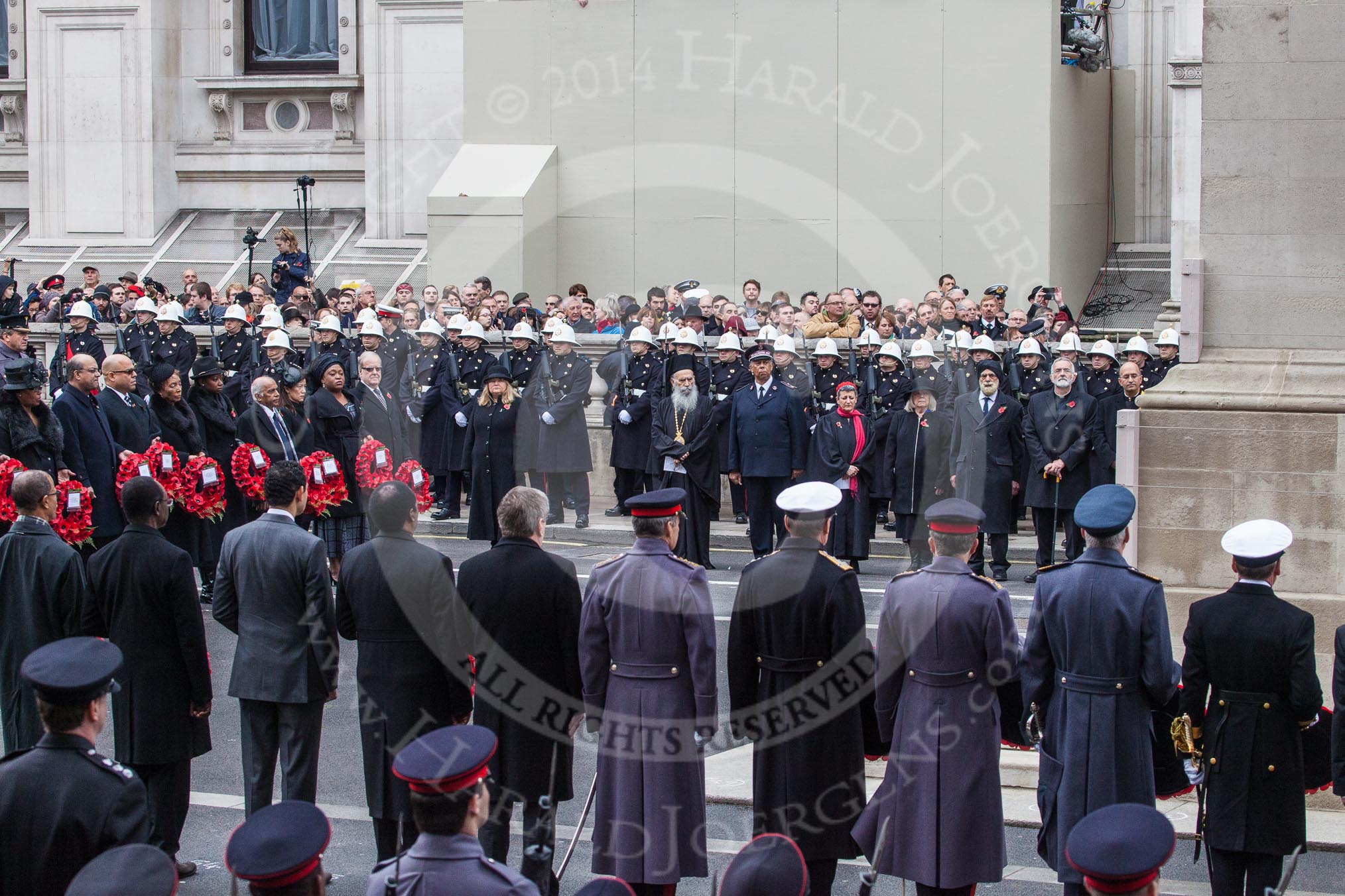 Remembrance Sunday at the Cenotaph in London 2014: The High Commissioners about to lay their wreaths.
Press stand opposite the Foreign Office building, Whitehall, London SW1,
London,
Greater London,
United Kingdom,
on 09 November 2014 at 11:10, image #239