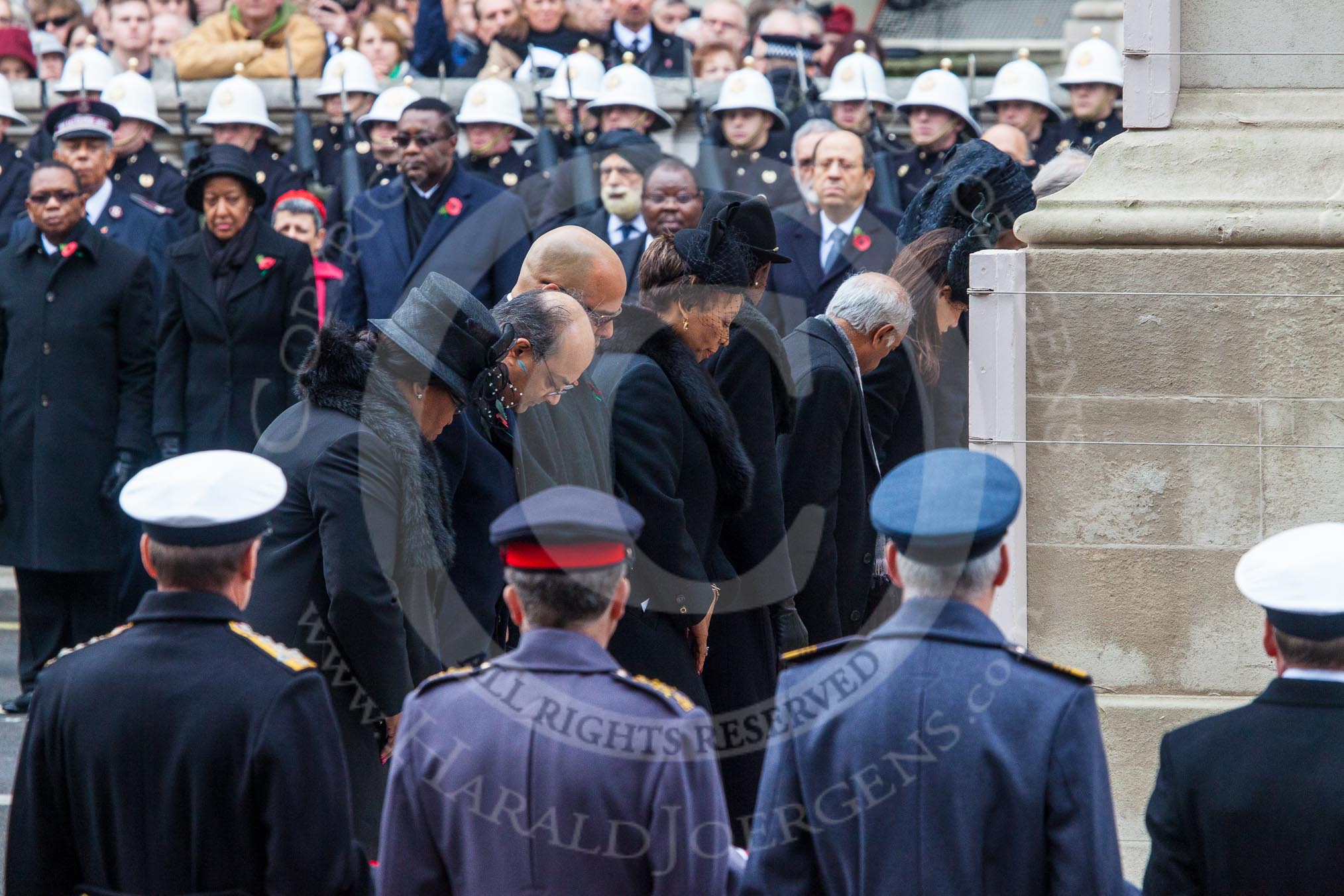 Remembrance Sunday at the Cenotaph in London 2014: The High Commissioners after laying their wreaths at the Cenotaph.
Press stand opposite the Foreign Office building, Whitehall, London SW1,
London,
Greater London,
United Kingdom,
on 09 November 2014 at 11:11, image #249