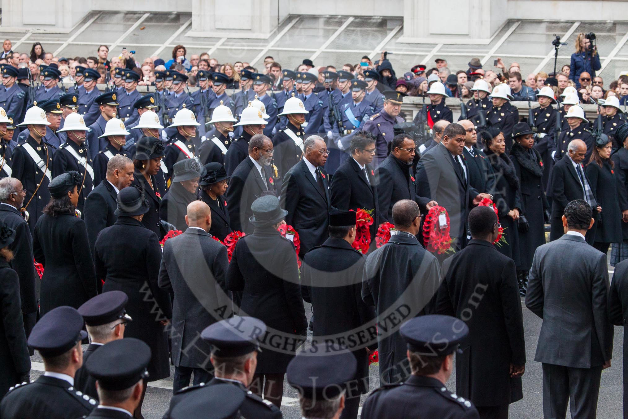 Remembrance Sunday at the Cenotaph in London 2014: The High Commissioners with their wreaths on the western side of the Cenotaph.
Press stand opposite the Foreign Office building, Whitehall, London SW1,
London,
Greater London,
United Kingdom,
on 09 November 2014 at 11:12, image #250