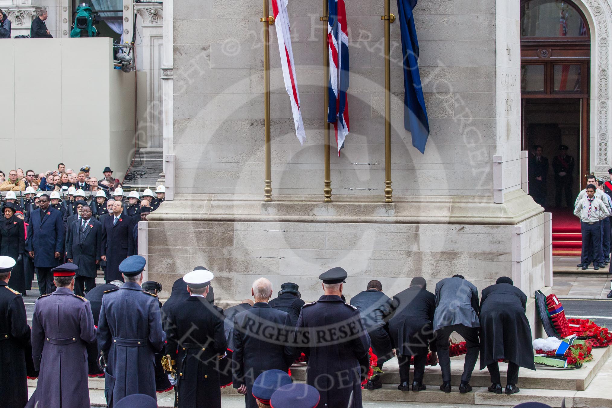 Remembrance Sunday at the Cenotaph in London 2014: The High Commissioners laying their wreaths at the Cenotaph.
Press stand opposite the Foreign Office building, Whitehall, London SW1,
London,
Greater London,
United Kingdom,
on 09 November 2014 at 11:13, image #255