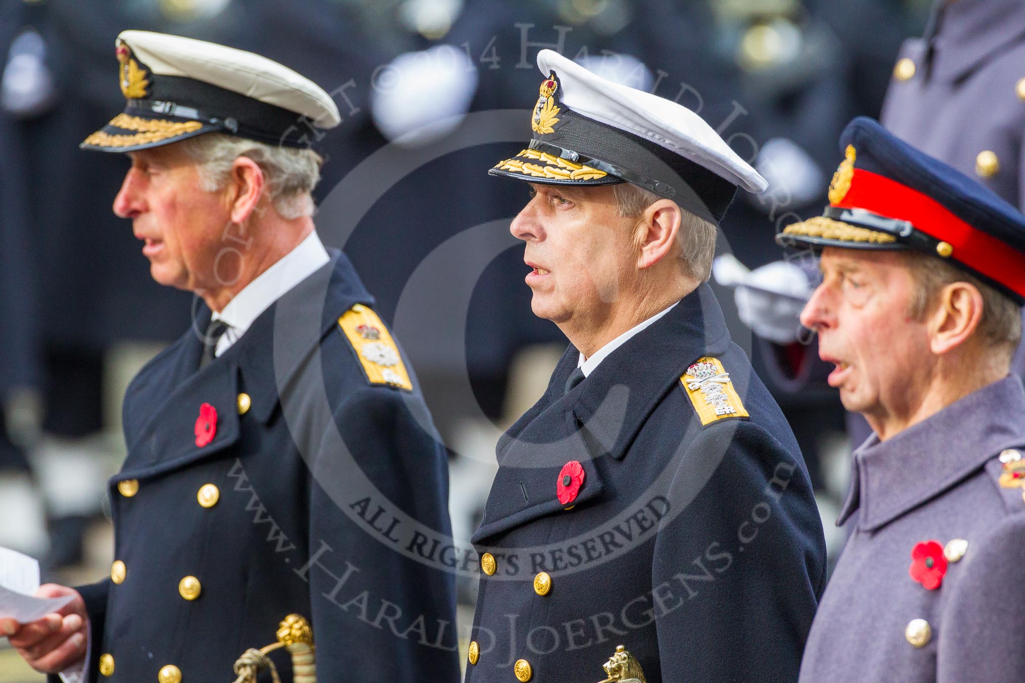 Remembrance Sunday at the Cenotaph in London 2014: HRH The Prince of Wales, HRH The Duke of York and HRH The Duke of Kent singing at the service.
Press stand opposite the Foreign Office building, Whitehall, London SW1,
London,
Greater London,
United Kingdom,
on 09 November 2014 at 11:16, image #269