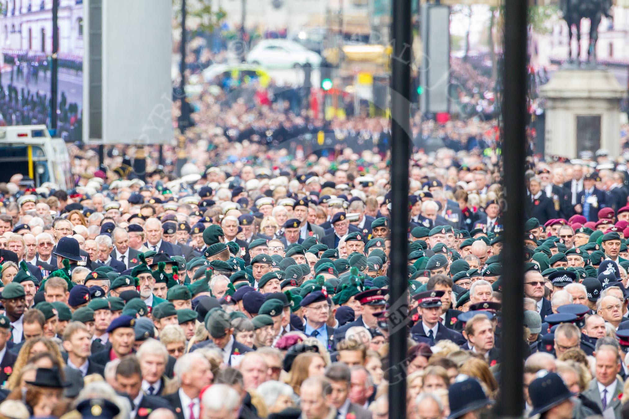 Remembrance Sunday at the Cenotaph in London 2014: Veterans on Whitehall waiting for the March Past.
Press stand opposite the Foreign Office building, Whitehall, London SW1,
London,
Greater London,
United Kingdom,
on 09 November 2014 at 11:18, image #285