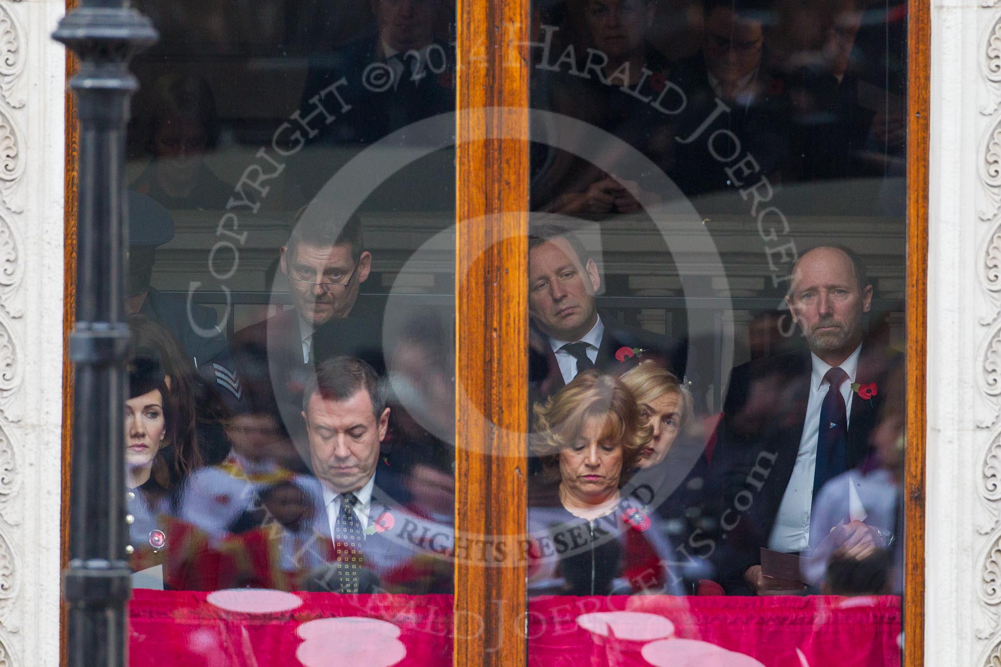 Remembrance Sunday at the Cenotaph in London 2014: Guests watching the service from inside the Foreign- and Commonwealth Office.
Press stand opposite the Foreign Office building, Whitehall, London SW1,
London,
Greater London,
United Kingdom,
on 09 November 2014 at 11:18, image #287