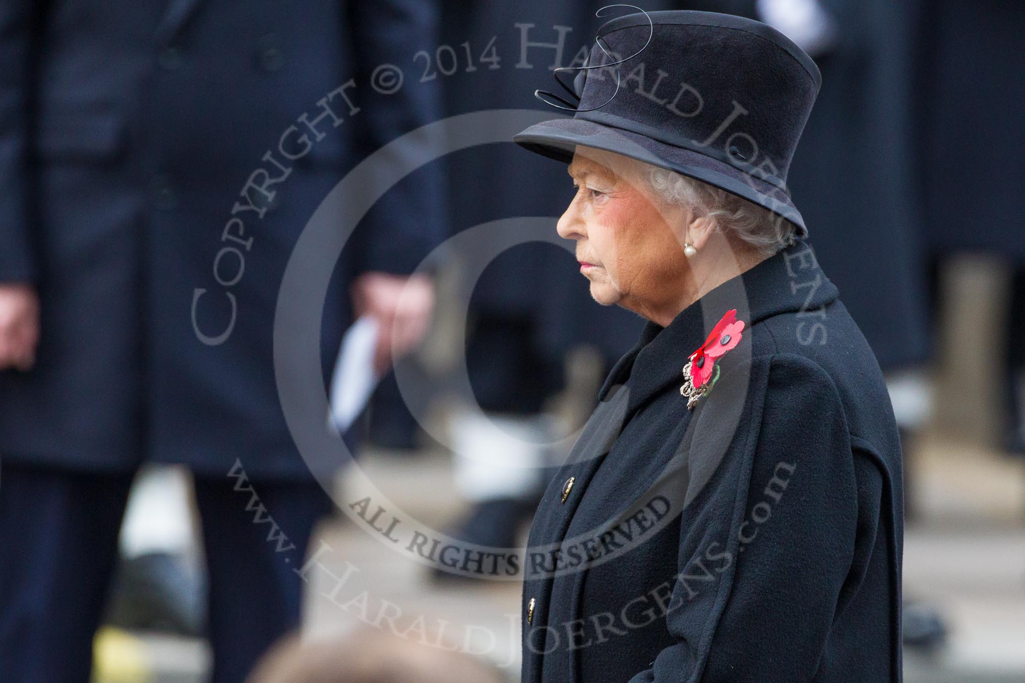 Remembrance Sunday at the Cenotaph in London 2014: HM The Queen at the Cenotaph during the service.
Press stand opposite the Foreign Office building, Whitehall, London SW1,
London,
Greater London,
United Kingdom,
on 09 November 2014 at 11:19, image #288
