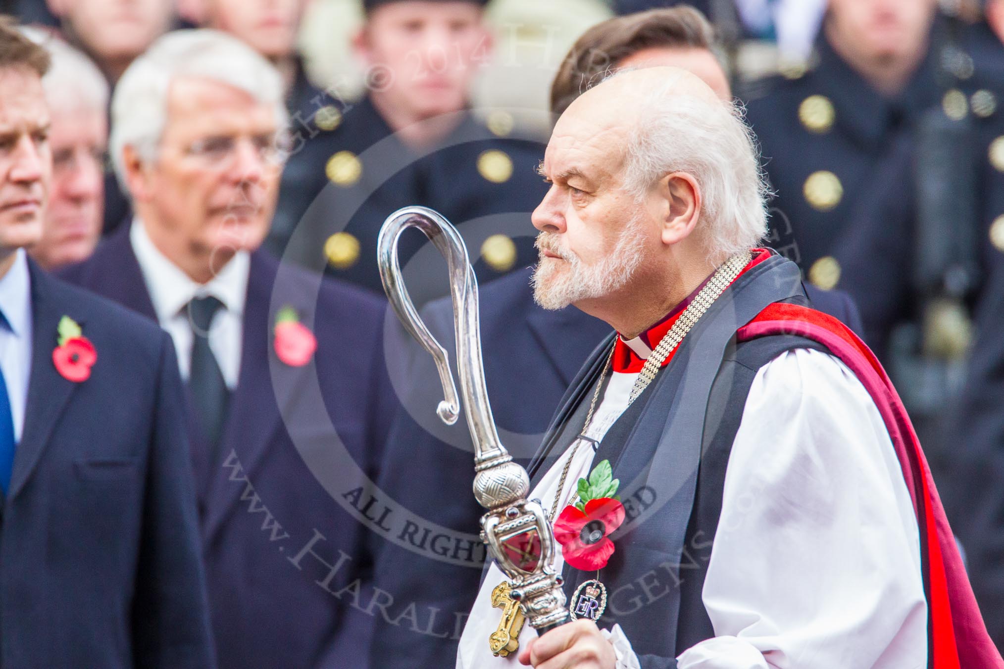 Remembrance Sunday at the Cenotaph in London 2014: The Bishop of London, The Rt Rev and Rt Hon Dr Richard Chartres.
Press stand opposite the Foreign Office building, Whitehall, London SW1,
London,
Greater London,
United Kingdom,
on 09 November 2014 at 11:23, image #298