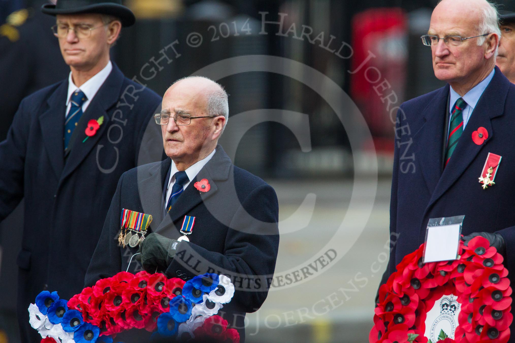 Remembrance Sunday at the Cenotaph in London 2014: The representative of the Royal Navy Association and Patrick Mitford-Slade for the Royal Commonwealth Ex-Services League.
Press stand opposite the Foreign Office building, Whitehall, London SW1,
London,
Greater London,
United Kingdom,
on 09 November 2014 at 11:26, image #305