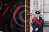Remembrance Sunday at the Cenotaph in London 2014: Preparations for the event - guarding the entrance of the Foreign- and Commonwealth Office building..
Press stand opposite the Foreign Office building, Whitehall, London SW1,
London,
Greater London,
United Kingdom,
on 09 November 2014 at 08:21, image #7