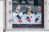 Remembrance Sunday at the Cenotaph in London 2014: Three of the six Gentlemen-in-Ordinary  watching from inside the Foreign- and Commonwealth Office before the event.
Press stand opposite the Foreign Office building, Whitehall, London SW1,
London,
Greater London,
United Kingdom,
on 09 November 2014 at 10:35, image #79