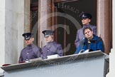 Remembrance Sunday at the Cenotaph in London 2014: The army "control center" on one of the upper balconies of the Foreign- and Commonwealth Office.
Press stand opposite the Foreign Office building, Whitehall, London SW1,
London,
Greater London,
United Kingdom,
on 09 November 2014 at 10:47, image #91