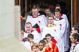 Remembrance Sunday at the Cenotaph in London 2014: The choir (10 Children of the Chapel Royal
and 6 Gentlemen-in-Ordinary) leaving the Foreign- and Commonwealth Office.
Press stand opposite the Foreign Office building, Whitehall, London SW1,
London,
Greater London,
United Kingdom,
on 09 November 2014 at 10:53, image #96