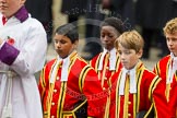 Remembrance Sunday at the Cenotaph in London 2014: Four of the ten Children of the Chapel Royal that are part of the choir.
Press stand opposite the Foreign Office building, Whitehall, London SW1,
London,
Greater London,
United Kingdom,
on 09 November 2014 at 10:54, image #102