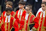 Remembrance Sunday at the Cenotaph in London 2014: The Children of the Chapel Royal, part of the choir.
Press stand opposite the Foreign Office building, Whitehall, London SW1,
London,
Greater London,
United Kingdom,
on 09 November 2014 at 10:54, image #105
