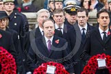 Remembrance Sunday at the Cenotaph in London 2014: Nigel Dodds, the Westminster Democratic Unionist Party Leader, and Ed Milliband, the leader of the opposition.
Press stand opposite the Foreign Office building, Whitehall, London SW1,
London,
Greater London,
United Kingdom,
on 09 November 2014 at 11:02, image #165