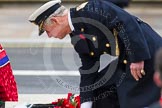 Remembrance Sunday at the Cenotaph in London 2014: HRH the Prince of Wales laying his wreath at the Cenotaph.
Press stand opposite the Foreign Office building, Whitehall, London SW1,
London,
Greater London,
United Kingdom,
on 09 November 2014 at 11:04, image #197