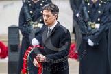 Remembrance Sunday at the Cenotaph in London 2014: Ed Miliband, the Leader of the Opposition, walking towards the Cenotaph with his wreath.
Press stand opposite the Foreign Office building, Whitehall, London SW1,
London,
Greater London,
United Kingdom,
on 09 November 2014 at 11:08, image #226