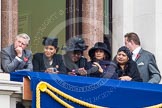 Remembrance Sunday at the Cenotaph in London 2014: Guests watching the ceremony from one of the balconies of the Foreign- and Commonwealth Office.
Press stand opposite the Foreign Office building, Whitehall, London SW1,
London,
Greater London,
United Kingdom,
on 09 November 2014 at 11:11, image #246