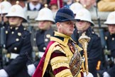 Remembrance Sunday at the Cenotaph in London 2014: Drum Major Tony Taylor, Coldstream Guards.
Press stand opposite the Foreign Office building, Whitehall, London SW1,
London,
Greater London,
United Kingdom,
on 09 November 2014 at 11:30, image #314