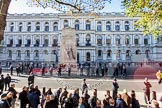 Remembrance Sunday at the Cenotaph in London 2014: After the March Past - barriers are set up around the Cenotaph before the public is allowed to approach.
Press stand opposite the Foreign Office building, Whitehall, London SW1,
London,
Greater London,
United Kingdom,
on 09 November 2014 at 12:53, image #329