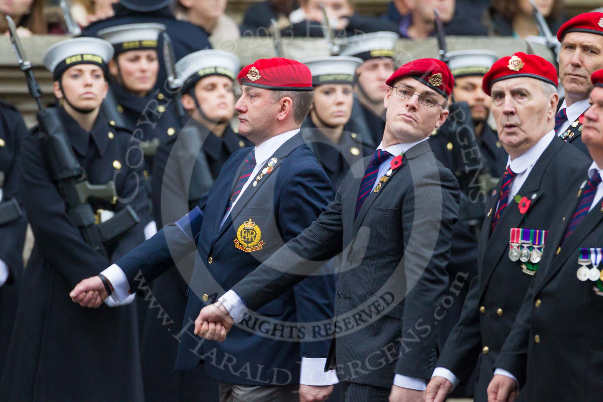 Remembrance Sunday at the Cenotaph 2015: Group B16, Royal Military Police Association.
Cenotaph, Whitehall, London SW1,
London,
Greater London,
United Kingdom,
on 08 November 2015 at 11:40, image #131