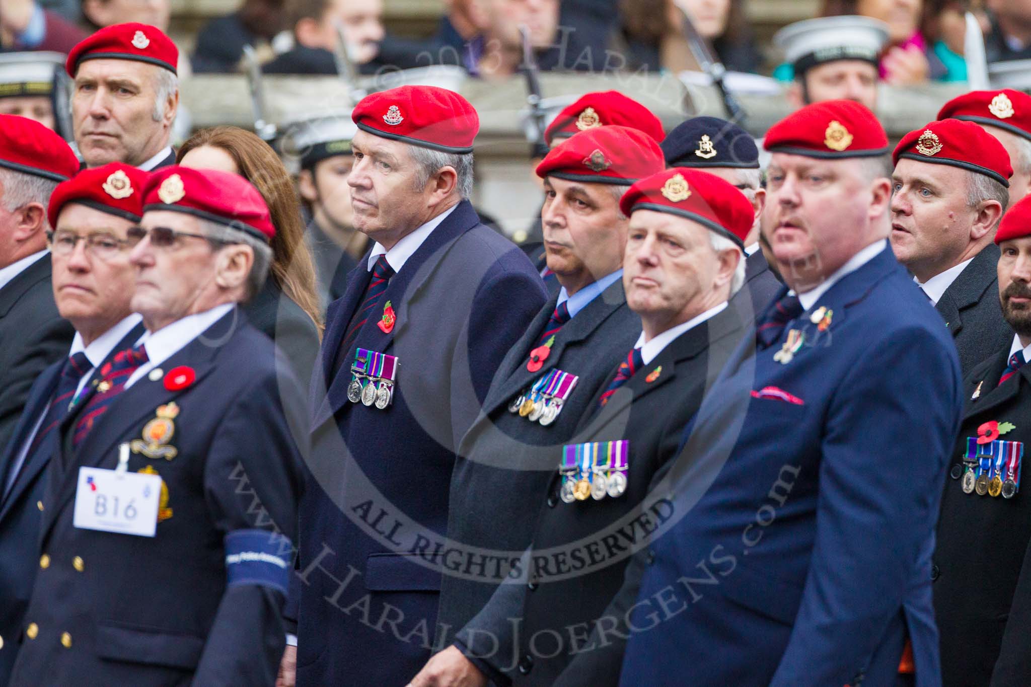Remembrance Sunday at the Cenotaph 2015: Group B16, Royal Military Police Association.
Cenotaph, Whitehall, London SW1,
London,
Greater London,
United Kingdom,
on 08 November 2015 at 11:40, image #134