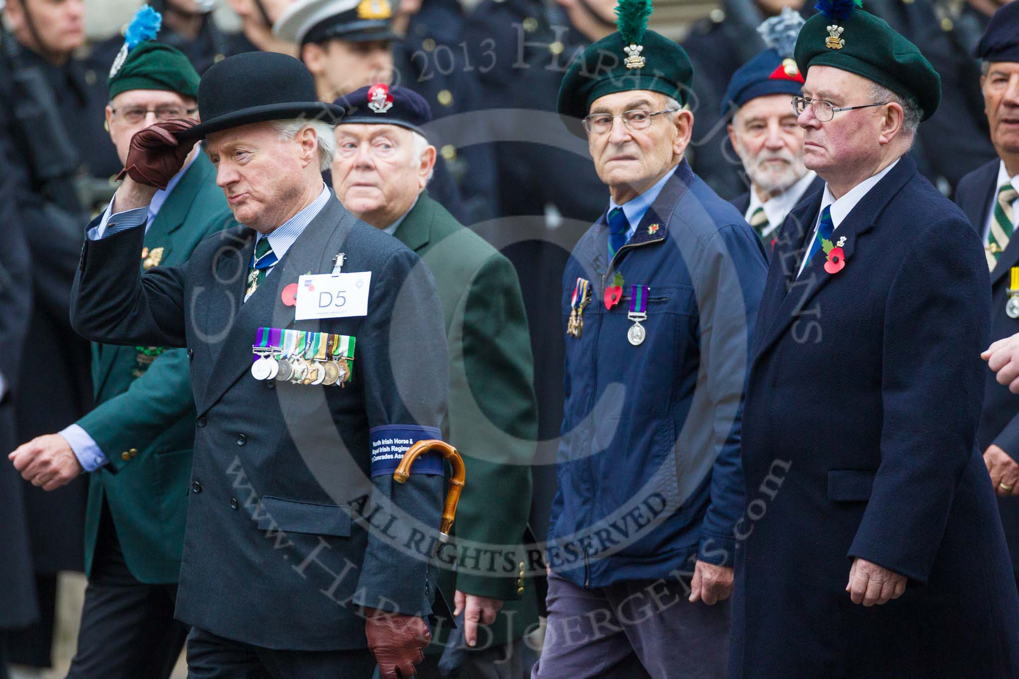 Remembrance Sunday at the Cenotaph 2015: Group D5, North Irish Horse & Irish Regiments Old Comrades
Association.
Cenotaph, Whitehall, London SW1,
London,
Greater London,
United Kingdom,
on 08 November 2015 at 11:52, image #611