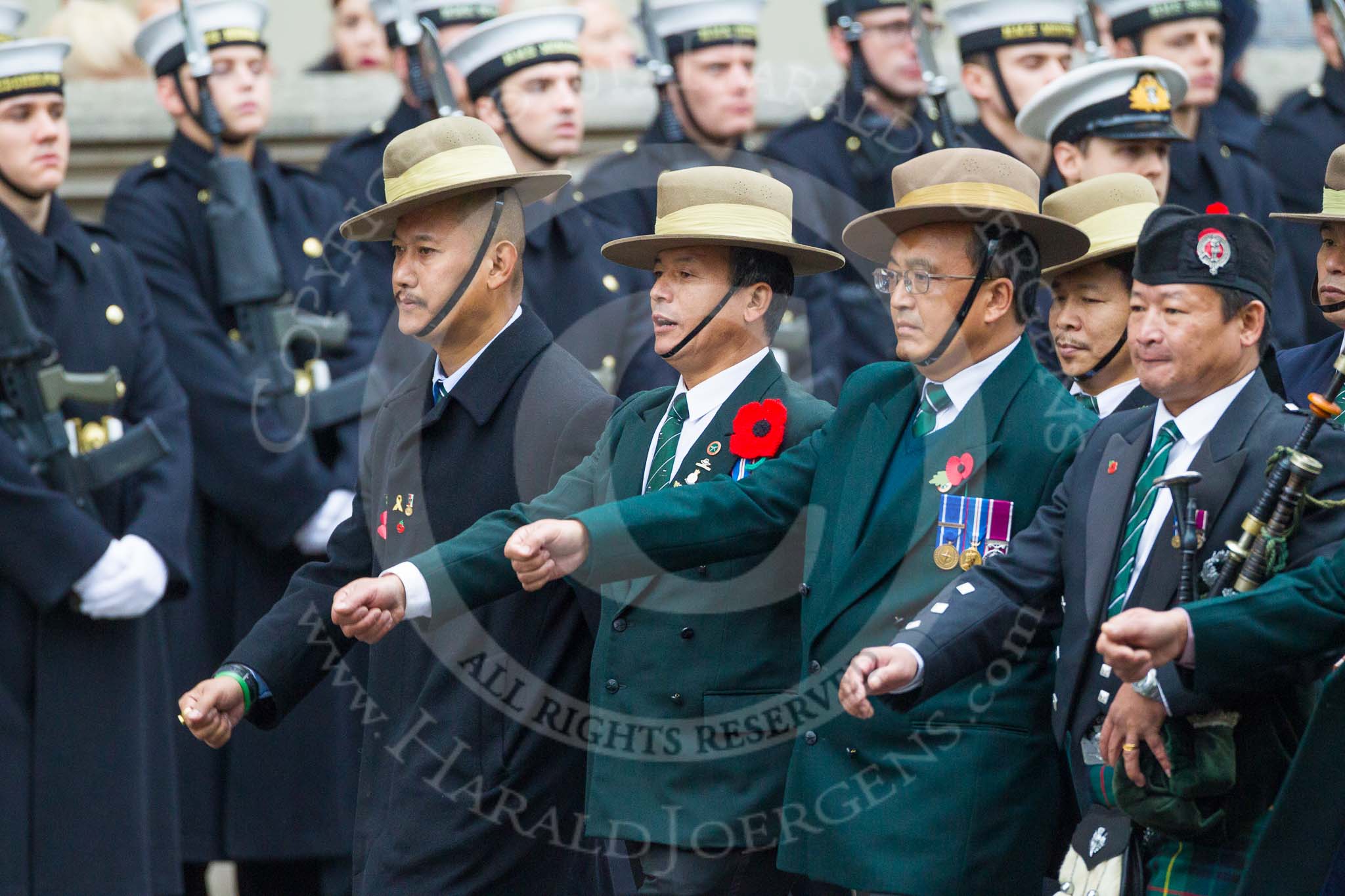 Remembrance Sunday at the Cenotaph 2015: Group D17, British Gurkha Welfare Society.
Cenotaph, Whitehall, London SW1,
London,
Greater London,
United Kingdom,
on 08 November 2015 at 11:54, image #693
