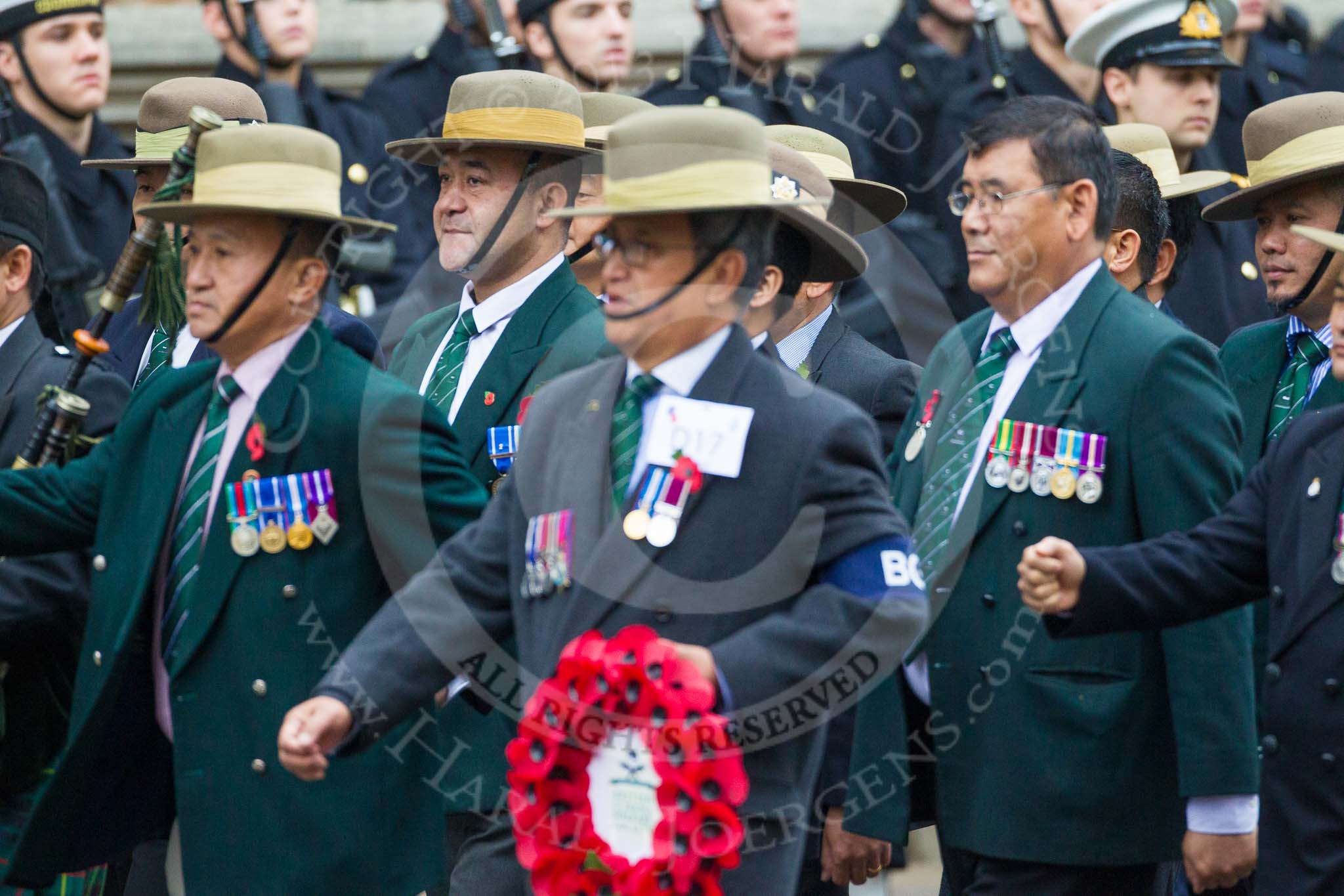 Remembrance Sunday at the Cenotaph 2015: Group D17, British Gurkha Welfare Society.
Cenotaph, Whitehall, London SW1,
London,
Greater London,
United Kingdom,
on 08 November 2015 at 11:54, image #695