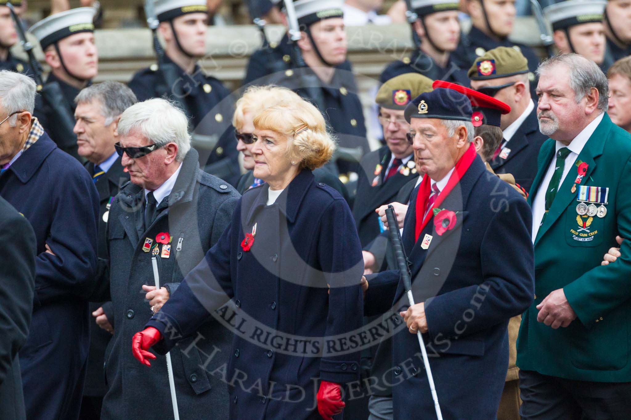 Remembrance Sunday at the Cenotaph 2015: Group F1, Blind Veterans UK.
Cenotaph, Whitehall, London SW1,
London,
Greater London,
United Kingdom,
on 08 November 2015 at 11:57, image #756