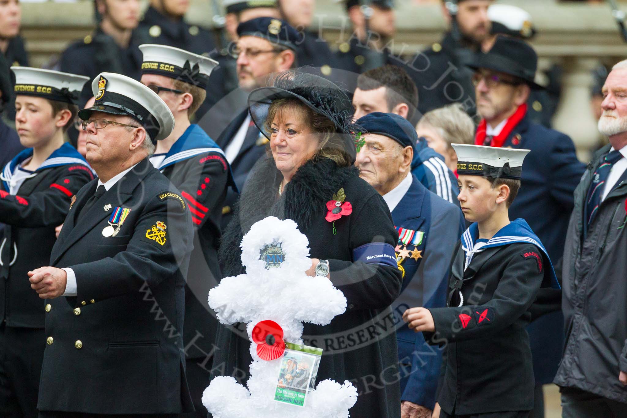 Remembrance Sunday at the Cenotaph 2015: Group E3, Merchant Navy Association.
Cenotaph, Whitehall, London SW1,
London,
Greater London,
United Kingdom,
on 08 November 2015 at 11:59, image #820