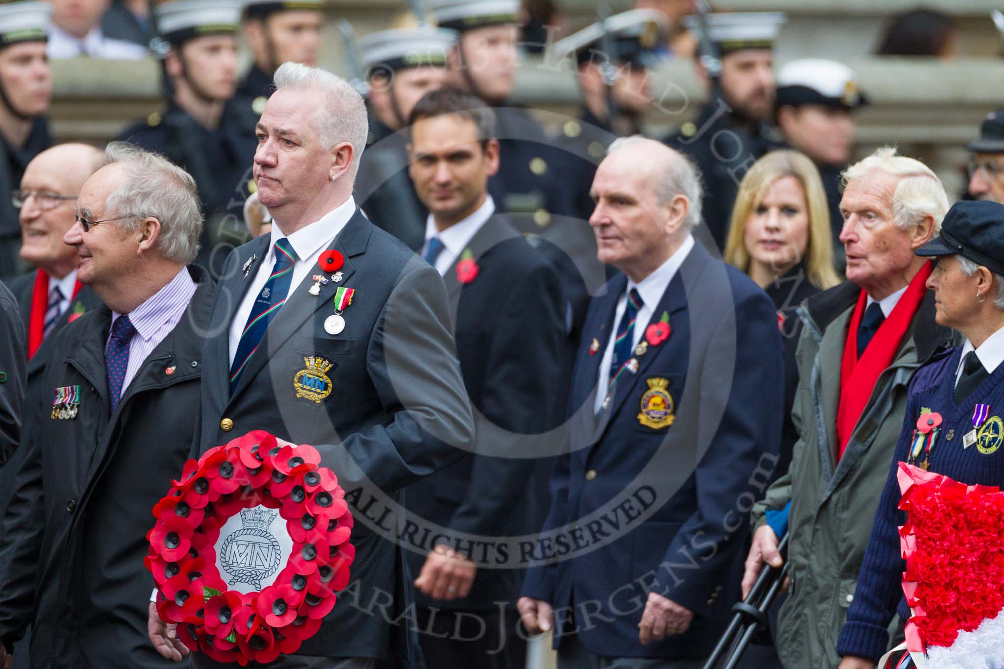 Remembrance Sunday at the Cenotaph 2015: Group E3, Merchant Navy Association.
Cenotaph, Whitehall, London SW1,
London,
Greater London,
United Kingdom,
on 08 November 2015 at 11:59, image #829