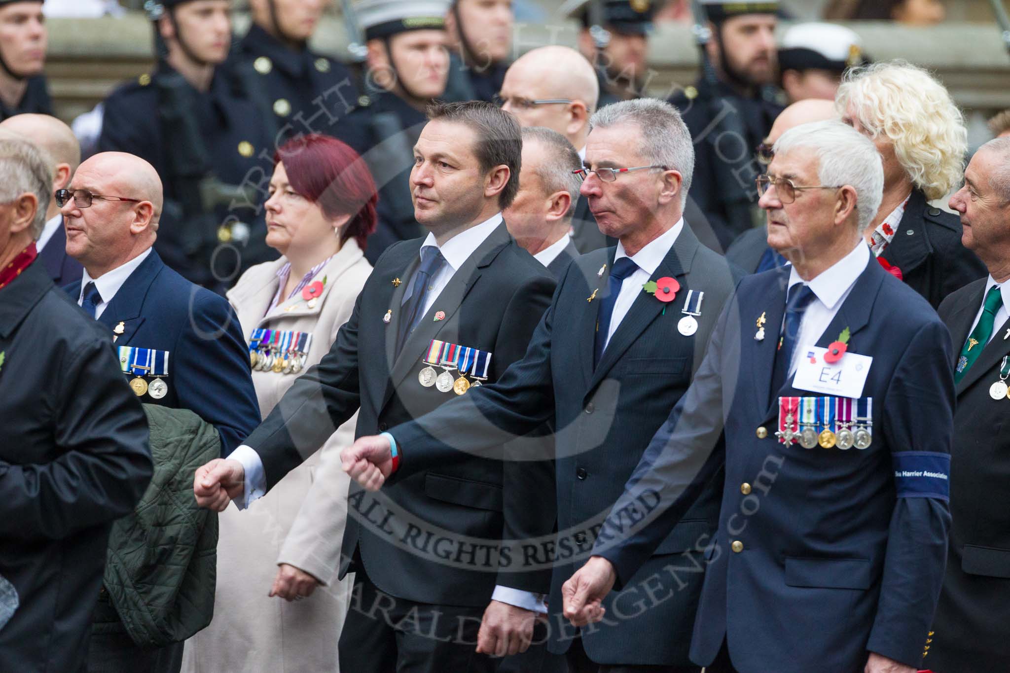 Remembrance Sunday at the Cenotaph 2015: Group E4, Sea Harrier Association.
Cenotaph, Whitehall, London SW1,
London,
Greater London,
United Kingdom,
on 08 November 2015 at 11:59, image #835