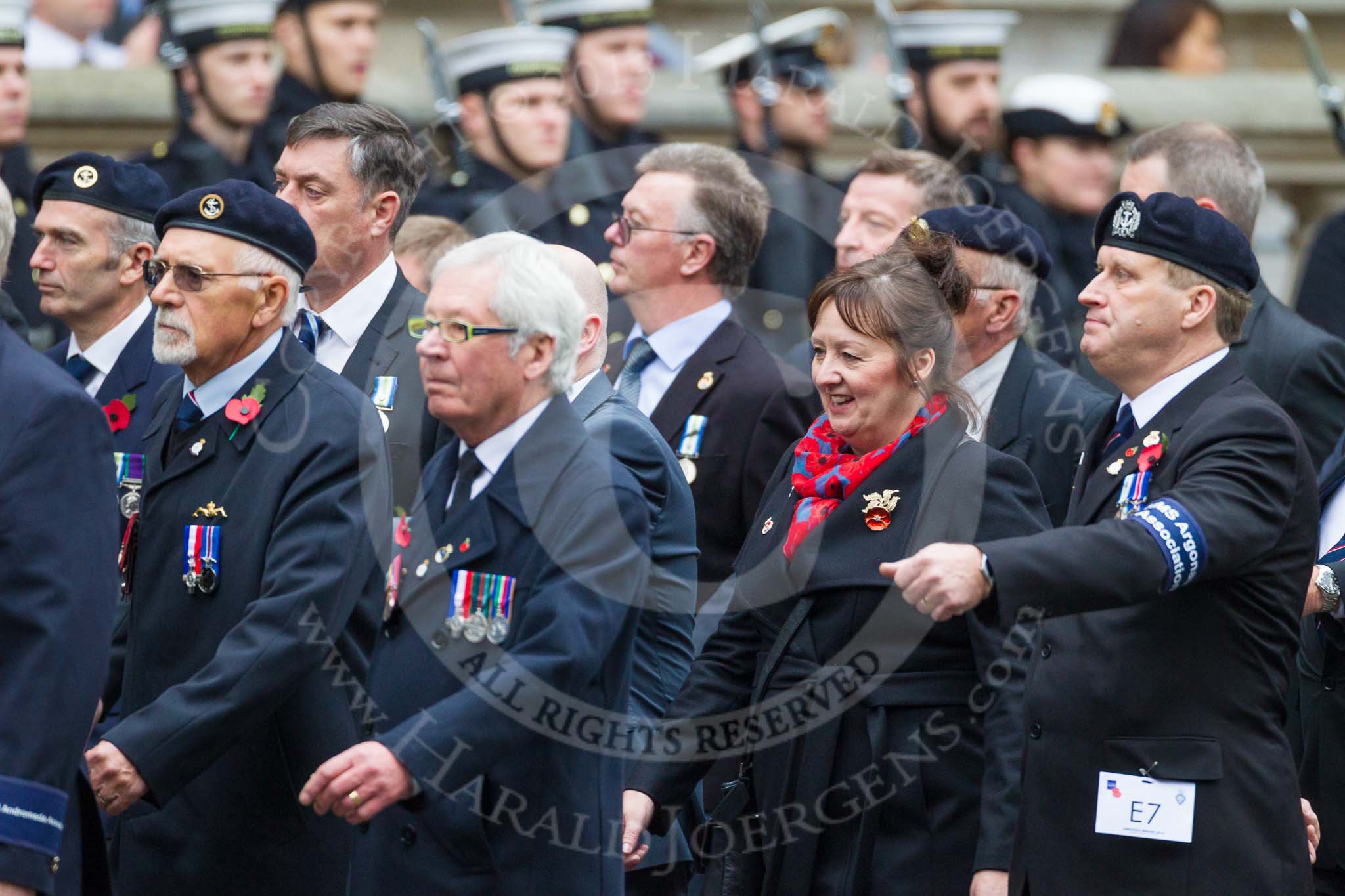 Remembrance Sunday at the Cenotaph 2015: Group E6, HMS Andromeda Association, and E7, HMS Argonaut Association.
Cenotaph, Whitehall, London SW1,
London,
Greater London,
United Kingdom,
on 08 November 2015 at 11:59, image #843