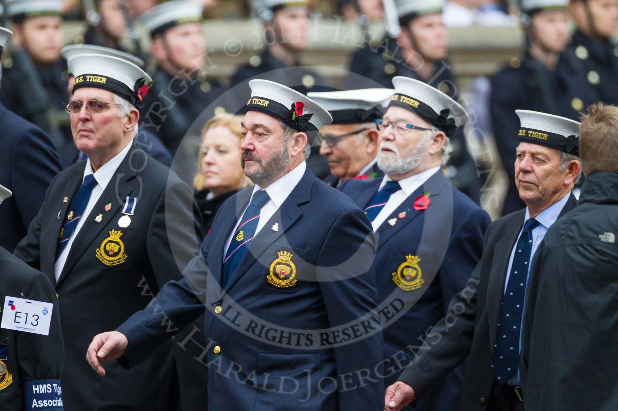 Remembrance Sunday at the Cenotaph 2015: Group E13, HMS Tiger Association.
Cenotaph, Whitehall, London SW1,
London,
Greater London,
United Kingdom,
on 08 November 2015 at 12:00, image #873