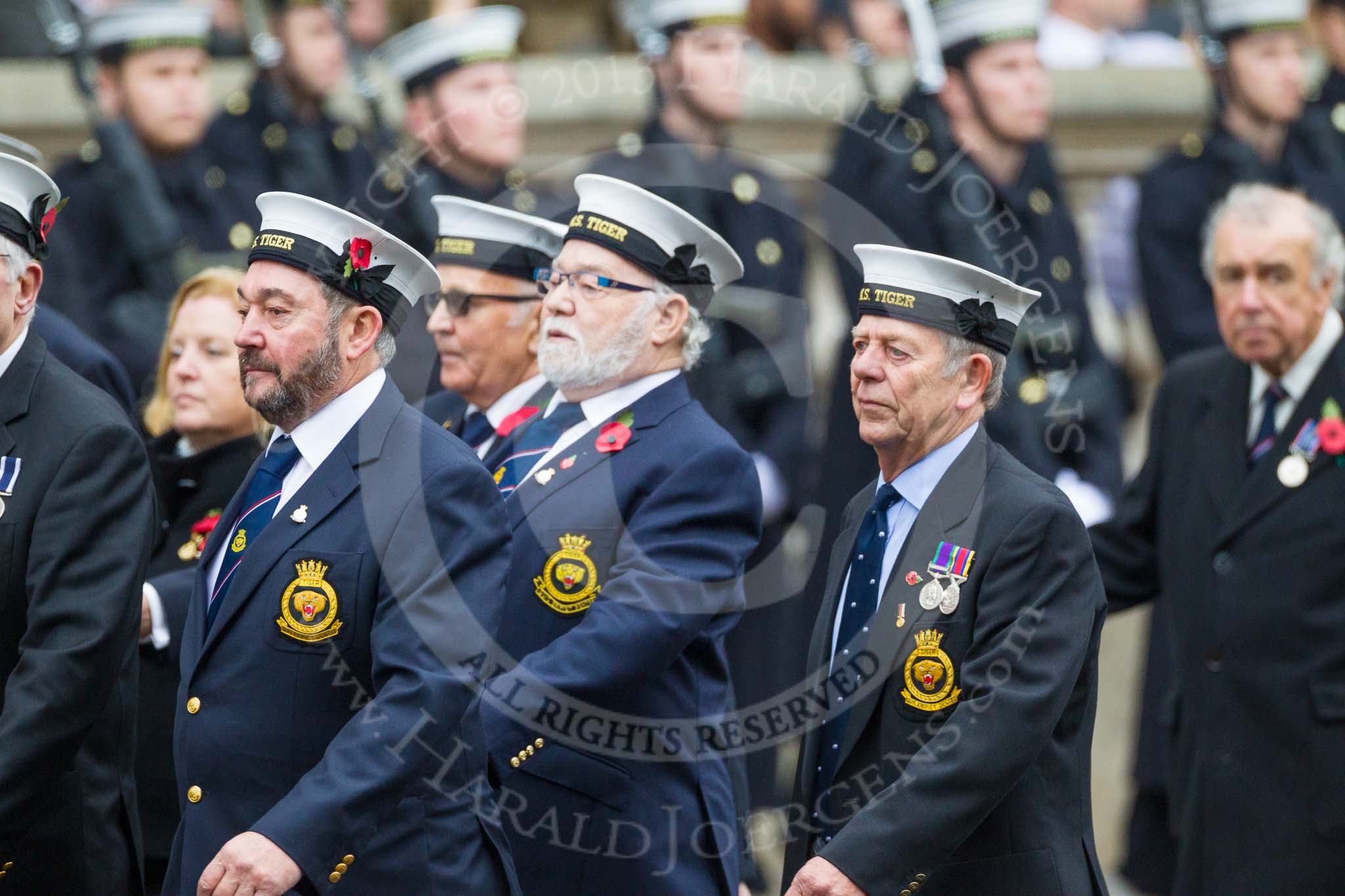 Remembrance Sunday at the Cenotaph 2015: Group E13, HMS Tiger Association.
Cenotaph, Whitehall, London SW1,
London,
Greater London,
United Kingdom,
on 08 November 2015 at 12:00, image #874