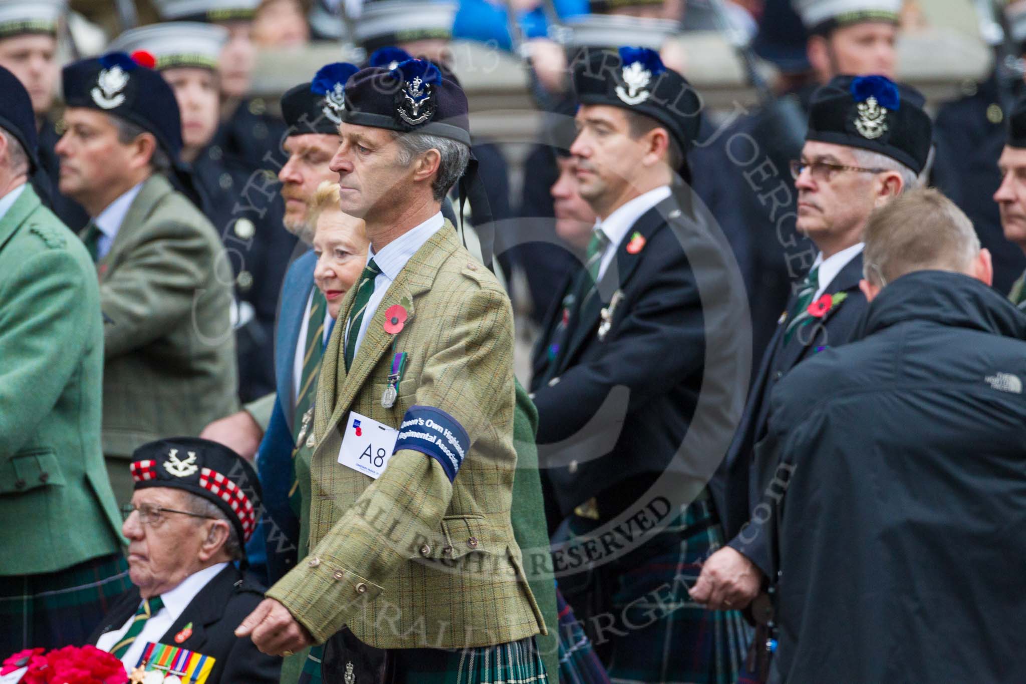 Remembrance Sunday at the Cenotaph 2015: Group A8, Queen's Own Highlanders Regimental Association.
Cenotaph, Whitehall, London SW1,
London,
Greater London,
United Kingdom,
on 08 November 2015 at 12:10, image #1231