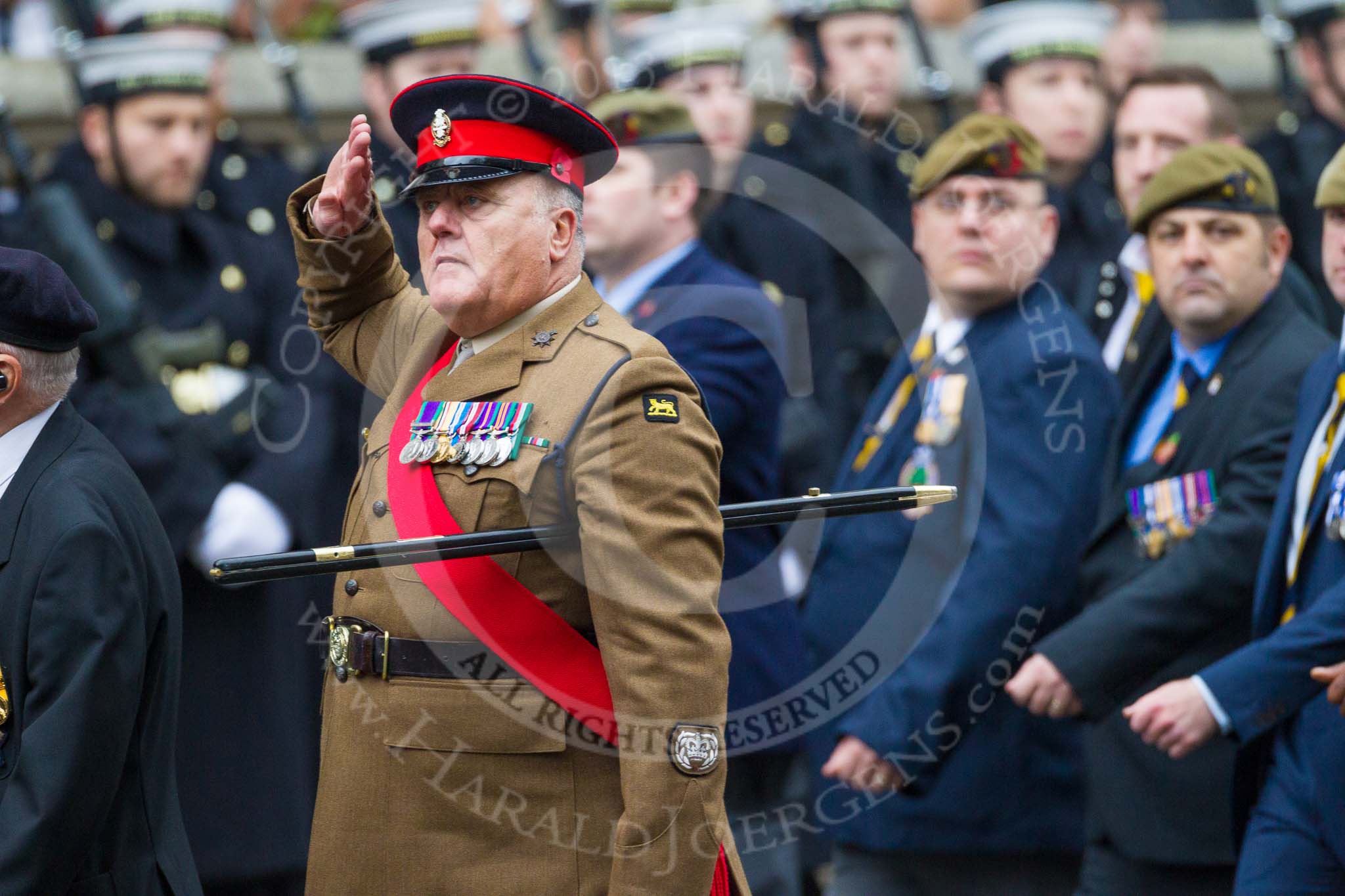 Remembrance Sunday at the Cenotaph 2015: Group A15, Princess of Wales's Royal Regiment.
Cenotaph, Whitehall, London SW1,
London,
Greater London,
United Kingdom,
on 08 November 2015 at 12:11, image #1307