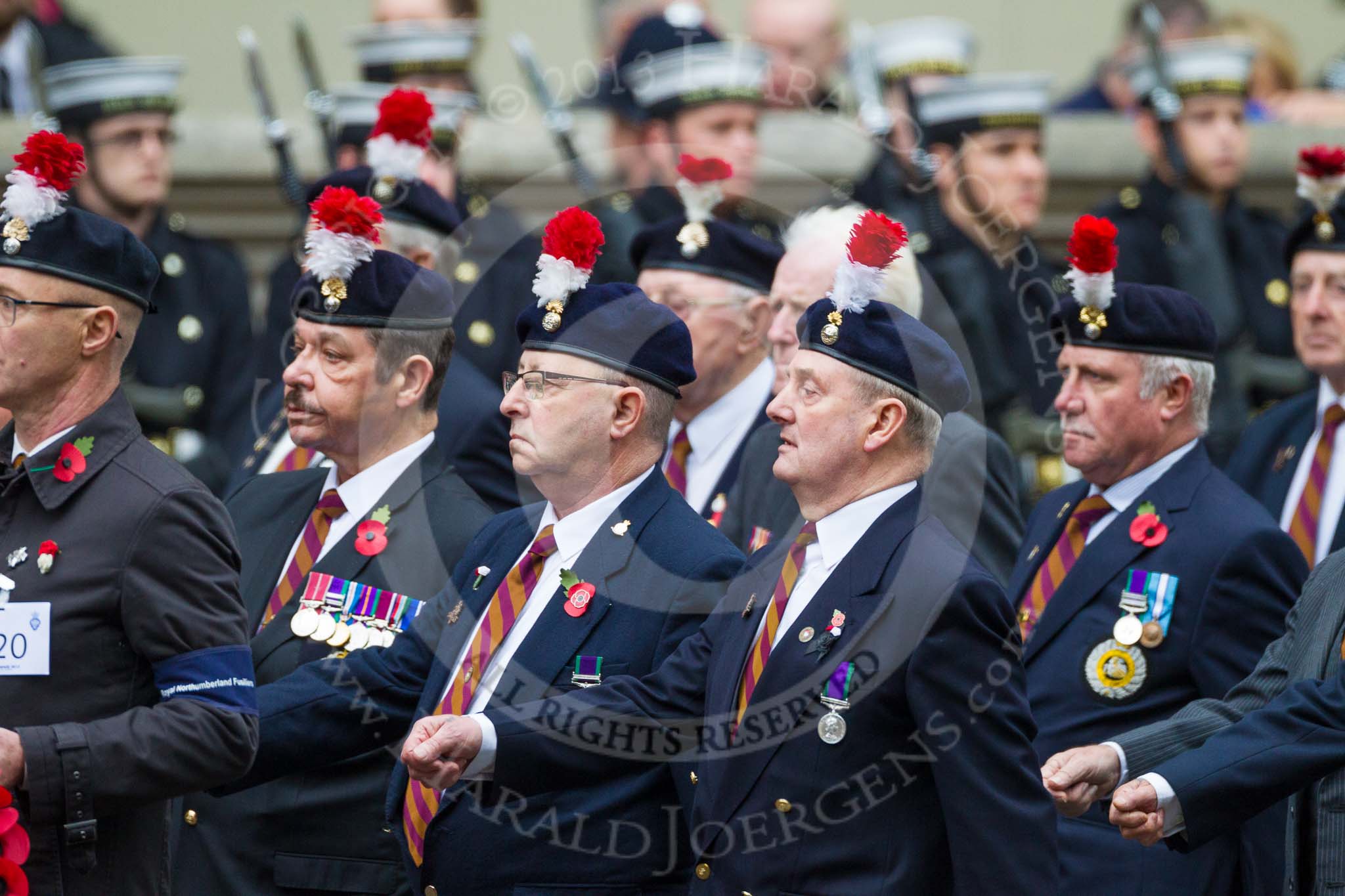 Remembrance Sunday at the Cenotaph 2015: Group A20, Royal Northumberland Fusiliers.
Cenotaph, Whitehall, London SW1,
London,
Greater London,
United Kingdom,
on 08 November 2015 at 12:12, image #1327
