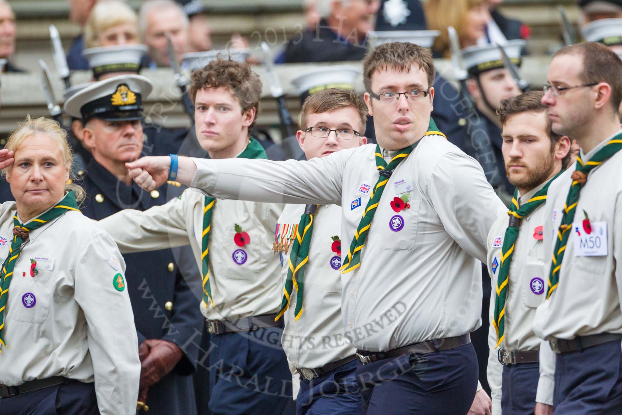 Remembrance Sunday at the Cenotaph 2015: Group M50, Scout Association.
Cenotaph, Whitehall, London SW1,
London,
Greater London,
United Kingdom,
on 08 November 2015 at 12:20, image #1720