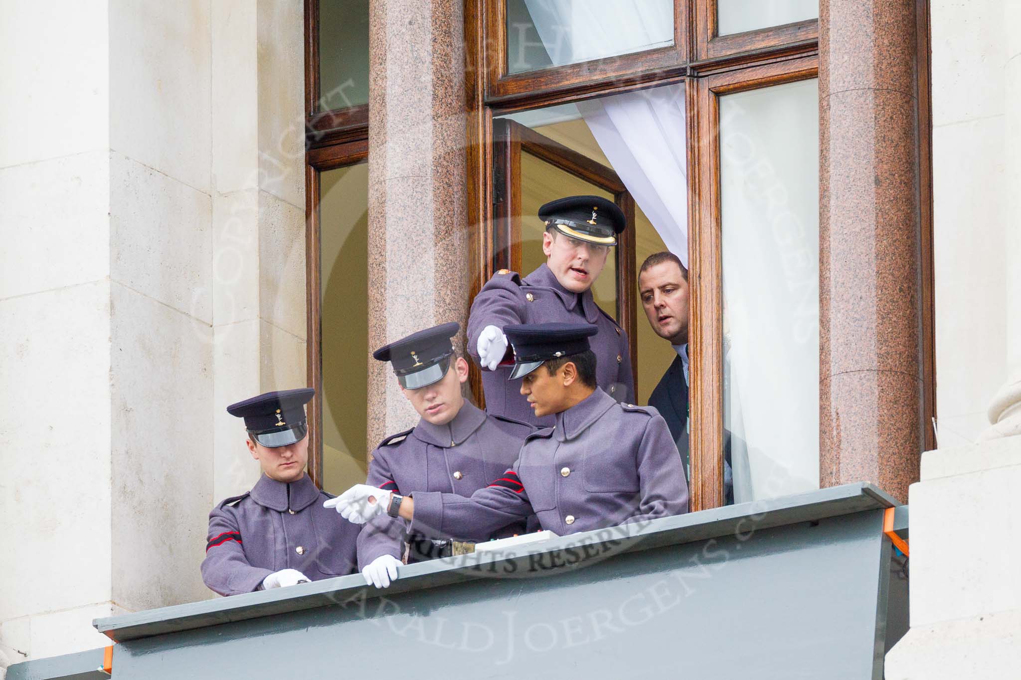 Remembrance Sunday at the Cenotaph 2015: The Army control centre for the event on one of the upper floor balconies. Image #14, 08 November 2015 09:34 Whitehall, London, UK