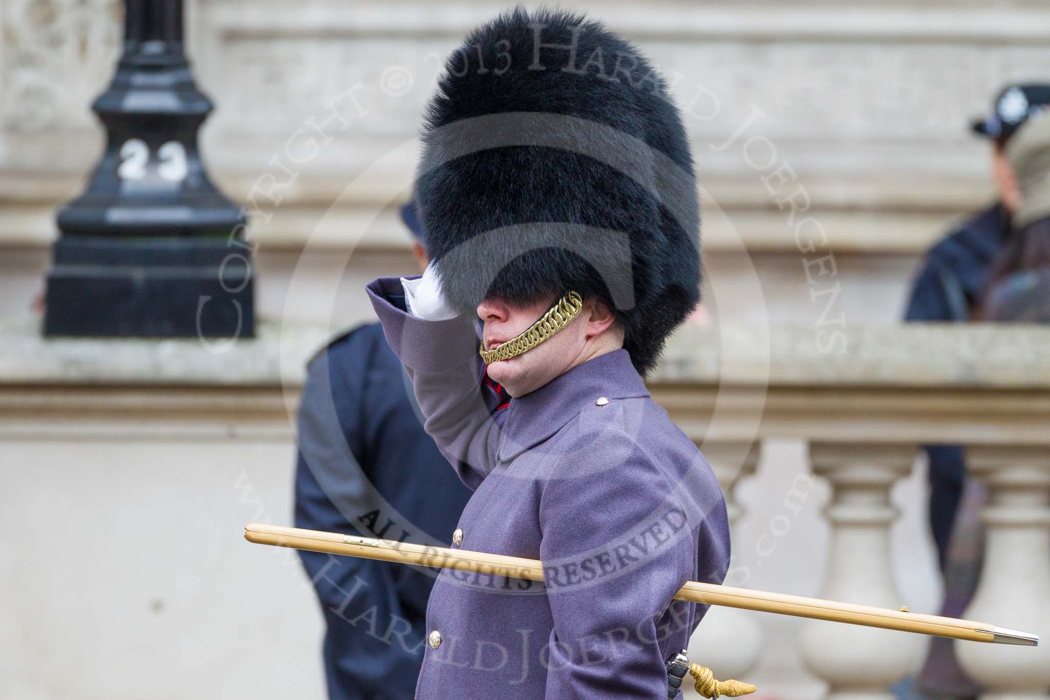 Remembrance Sunday at the Cenotaph 2015: Garrison Sergeant Major Andrew 'Vern' Stokes, in charge of ceremonial events at London District, saluting at the Cenotaph. Image #19, 08 November 2015 09:55 Whitehall, London, UK