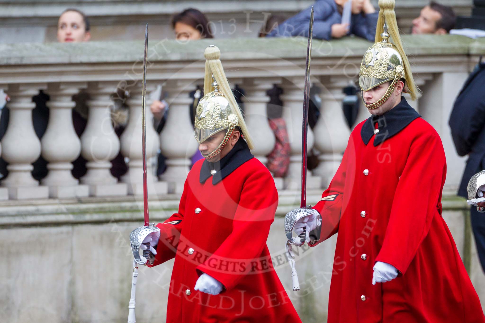 Remembrance Sunday at the Cenotaph 2015: The two markers for the Household Cavalry detachment are marching to their designated position on Whitehall. Image #21, 08 November 2015 10:07 Whitehall, London, UK
