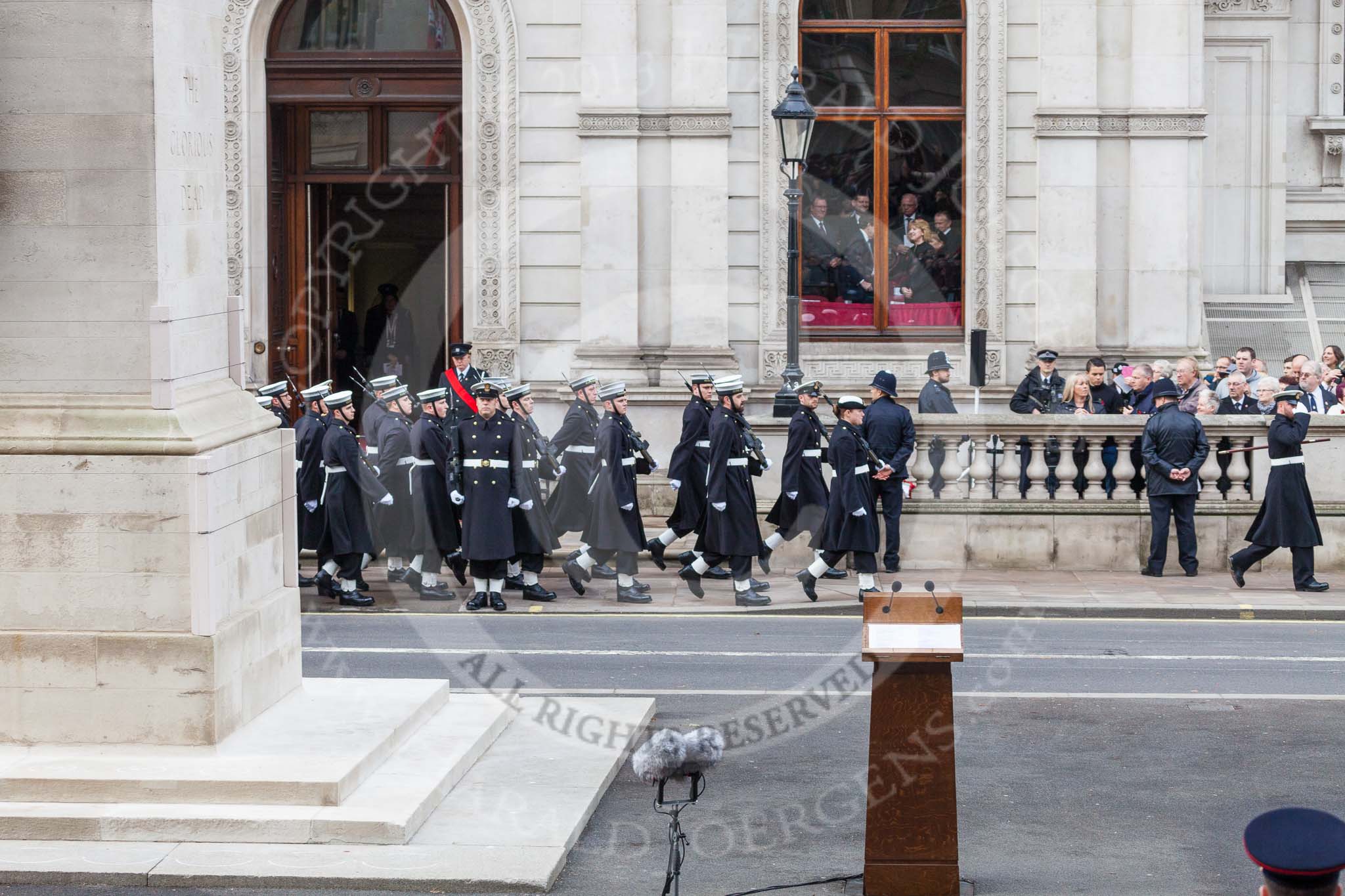 Remembrance Sunday at the Cenotaph 2015: The Royal Navy detachment arriving at Whitehall.   The  majority of the 144 personell are  Phase  2  trainees  who  have  completed  basic  training  and  are  now working  on  specialisations,  although  there  are  some  more  experienced  sailors. Image #29, 08 November 2015 10:18 Whitehall, London, UK