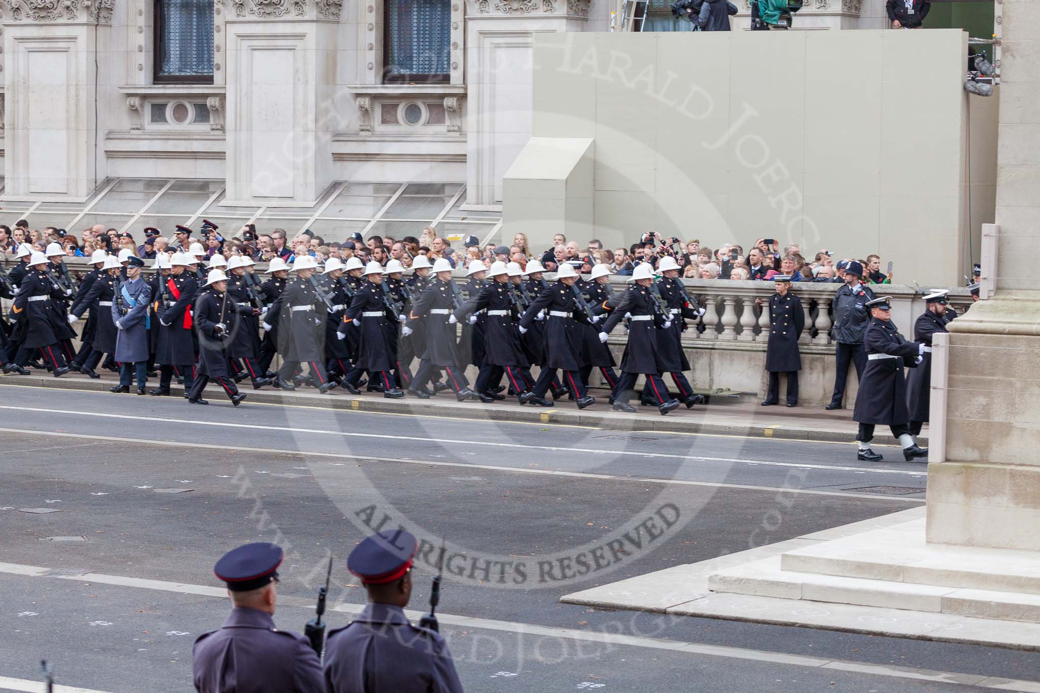 Remembrance Sunday at the Cenotaph 2015: The Royal Marines detachment arriving at Whitehall. There are 48  personnel on  parade from O Squadron,  43 Commando Fleet Protection Group. Image #30, 08 November 2015 10:18 Whitehall, London, UK