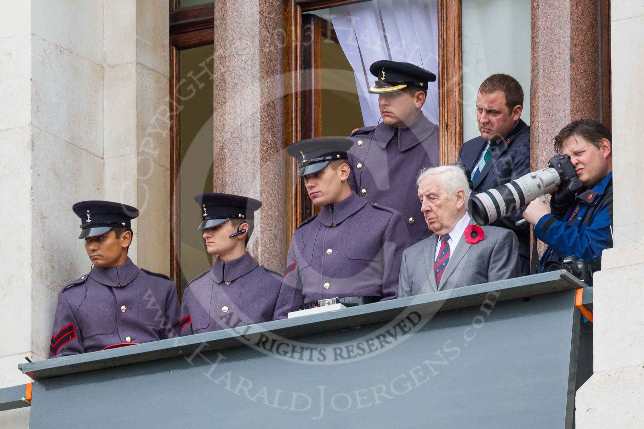 Remembrance Sunday at the Cenotaph 2015: The Army "command centre" for the ceremony on one of the higher balconies of the Foreign- and Commonwealth Office Building. Image #52, 08 November 2015 10:29 Whitehall, London, UK