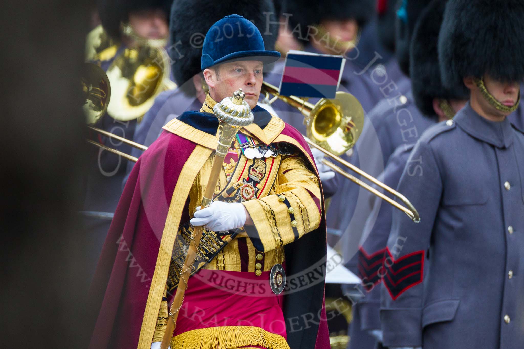 Remembrance Sunday at the Cenotaph 2015: Senior Deim Major Scott Fitzgerald, Coldstream Guards. He  has  seen  active 
service  in  a  variety  of  locations  including  Northern  Ireland,  Iraq  and  twice  in  Afghanistan. Image #54, 08 November 2015 10:29 Whitehall, London, UK