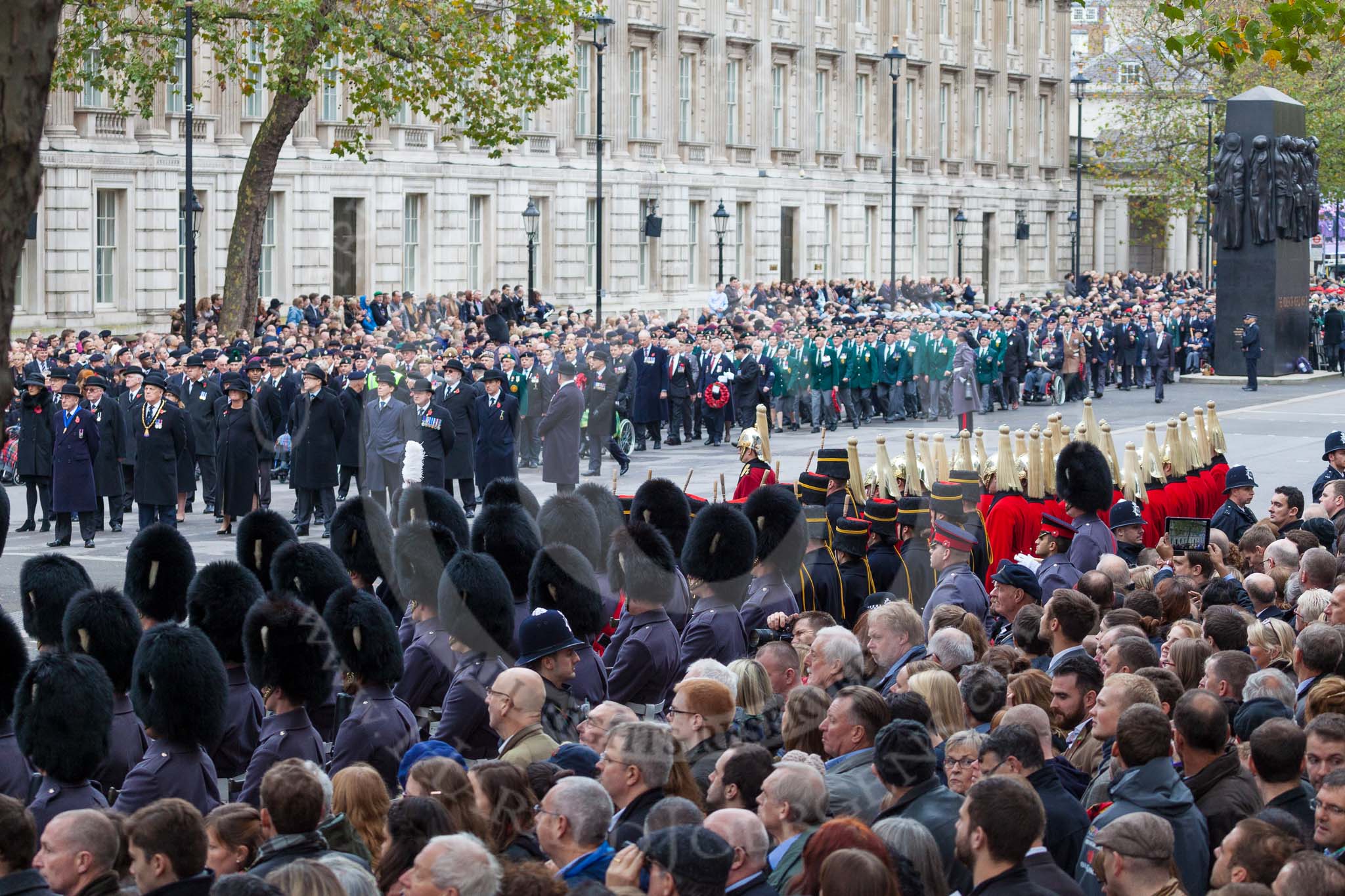 Remembrance Sunday at the Cenotaph 2015: The army detachment on the southern side of Whitehall, here 1st  Battalion The Grenadier Guards, The King's Troop Royal Horse Artillery (dismounted), and the Household Cavalry Mounted Regiment (dismounted). Image #58, 08 November 2015 10:34 Whitehall, London, UK