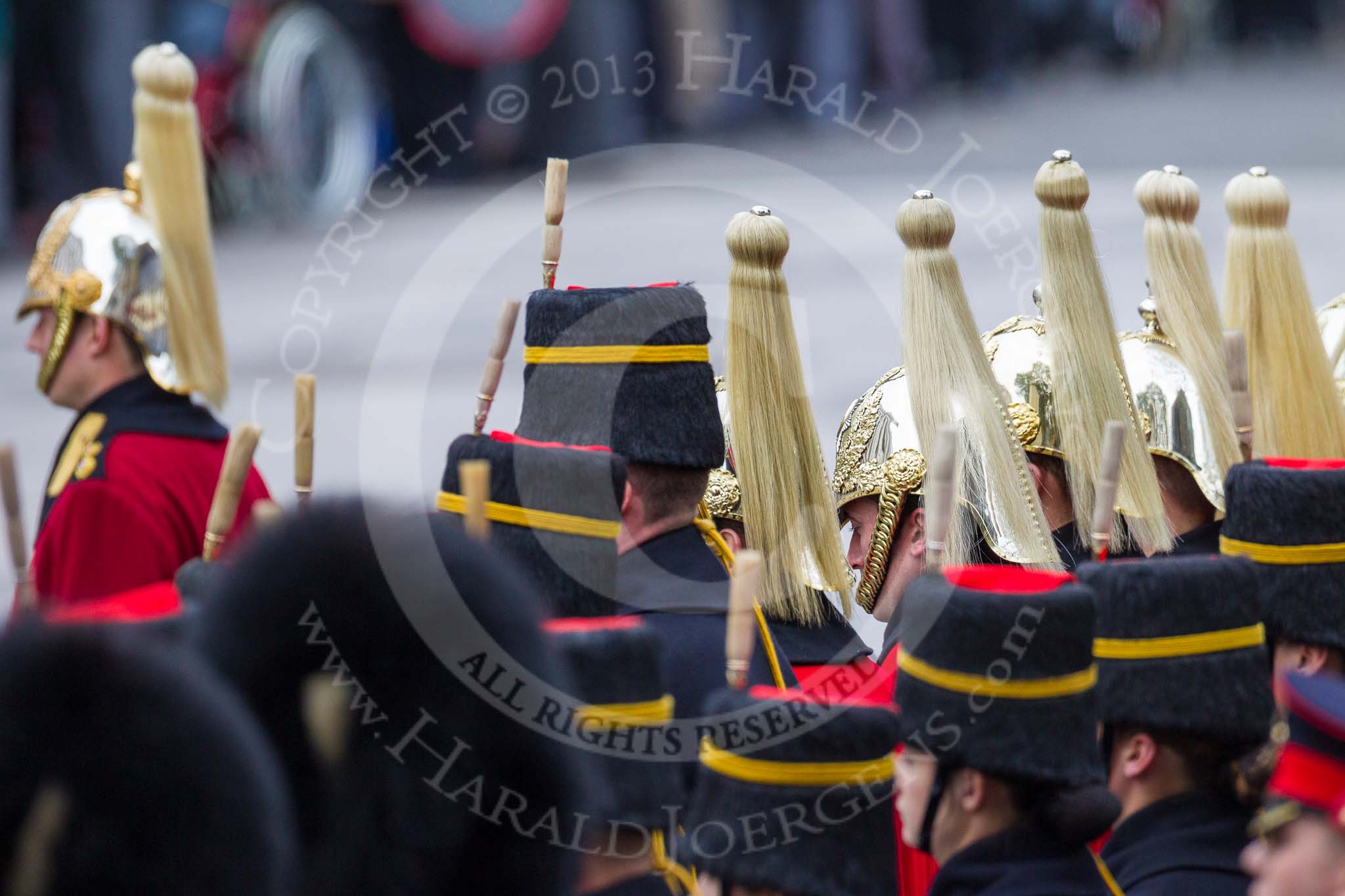 Remembrance Sunday at the Cenotaph 2015: Headgear - Royal Horse Artillery and, behind, the Household Cavalry. Image #59, 08 November 2015 10:35 Whitehall, London, UK
